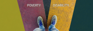 shoes looking down at overty and disability written on the ground